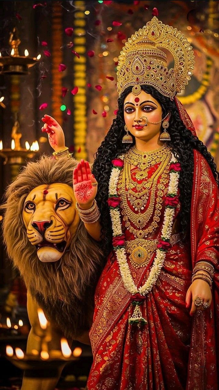 Ambe maa with lion, divine protection.