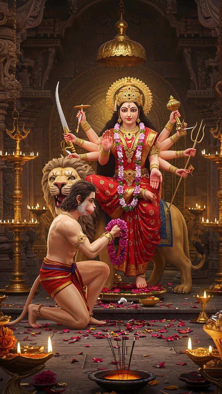 Ambe Maa riding a lion, divine grace.