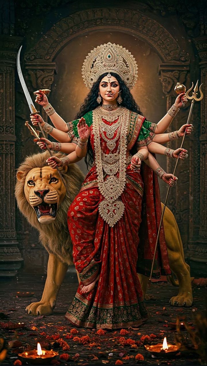 Durga Maa with lion and weapons.