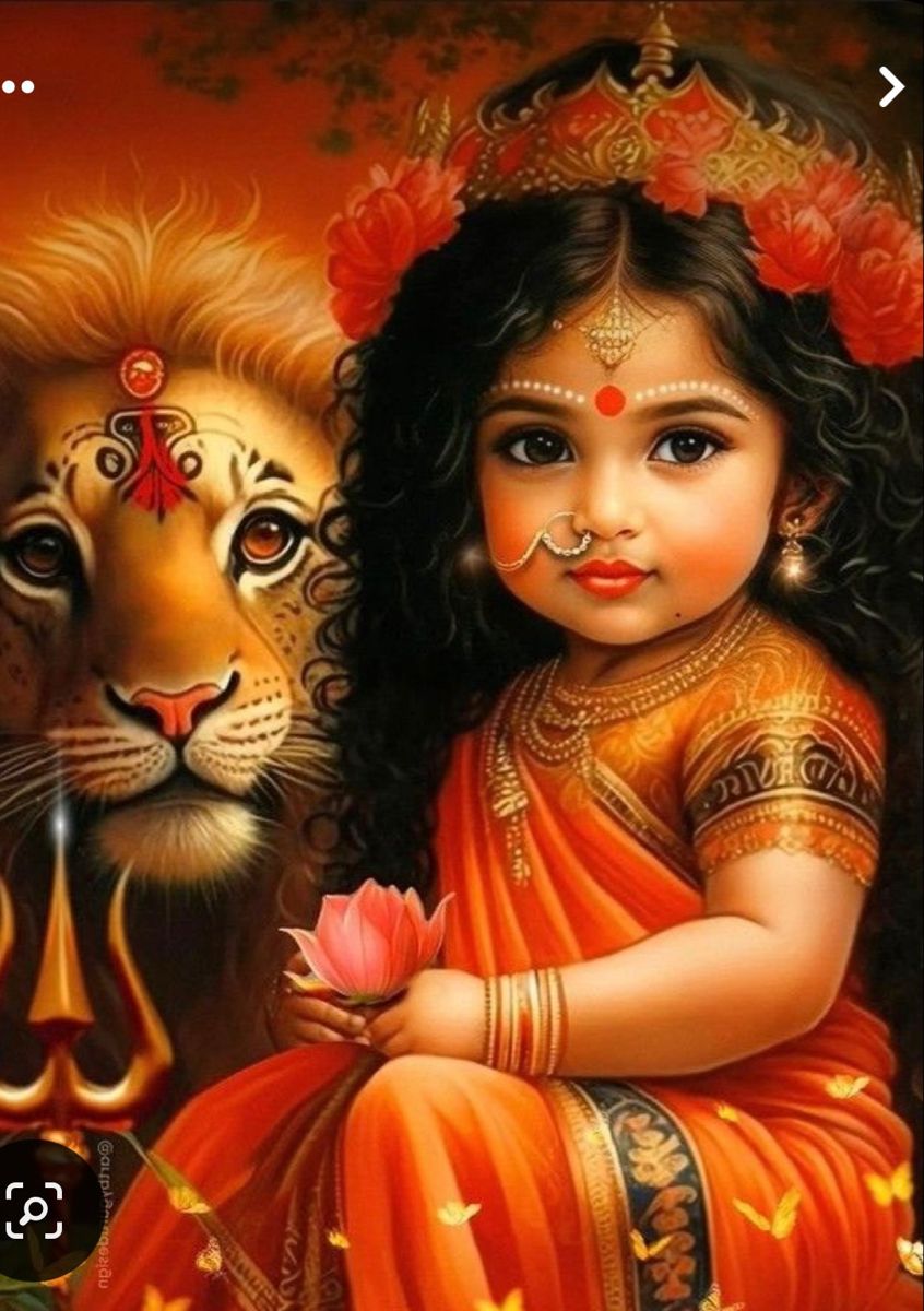 Ambe Maa riding a lion, with lotus.
