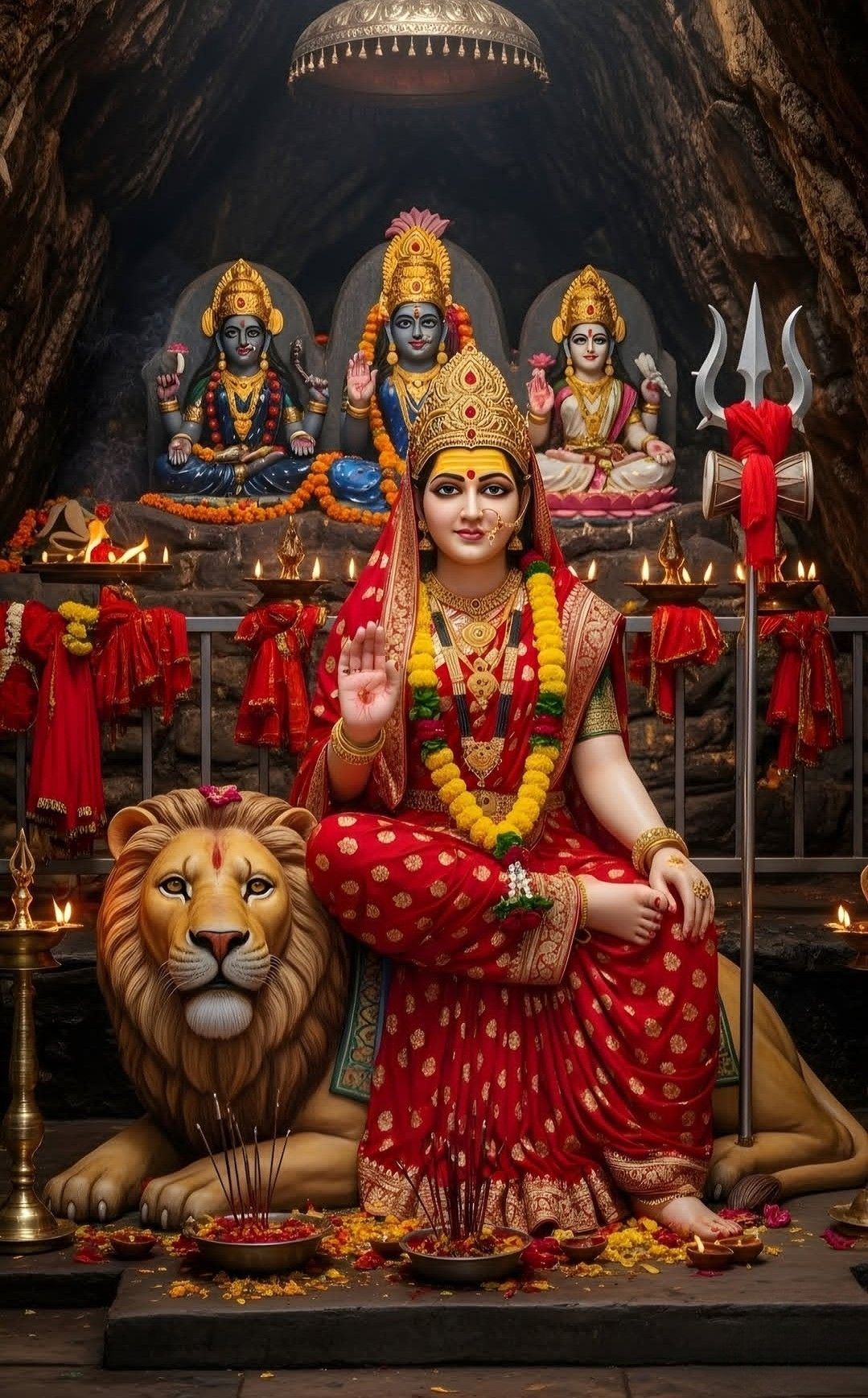 Ambe Maa with lion and trident.