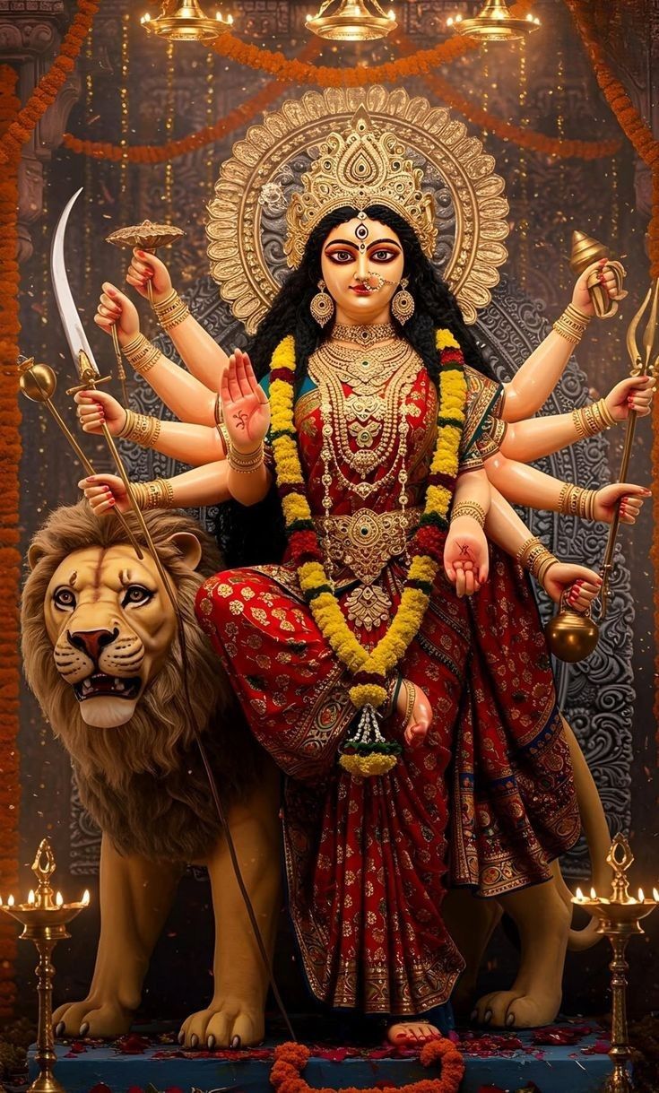 Ambe Maa seated on a lion.