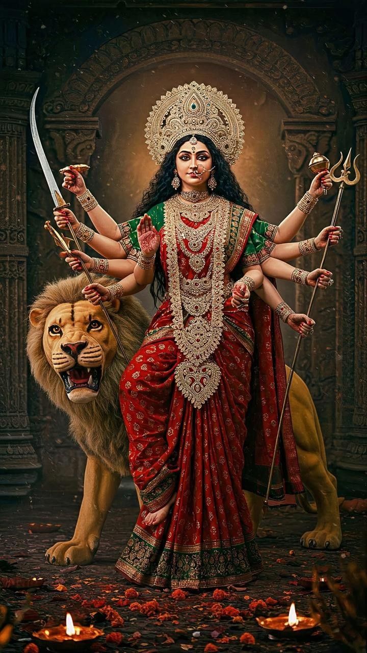 Ambe Maa riding a majestic lion