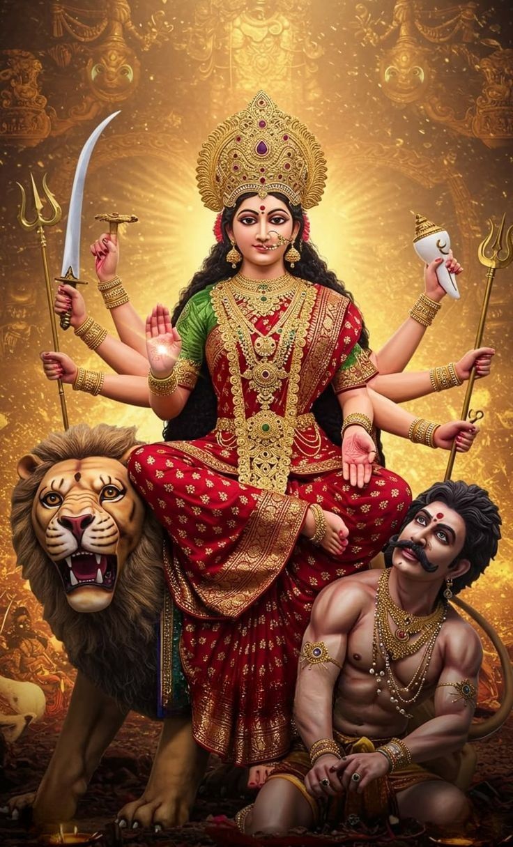 Ambe Maa riding a lion, divine protection.