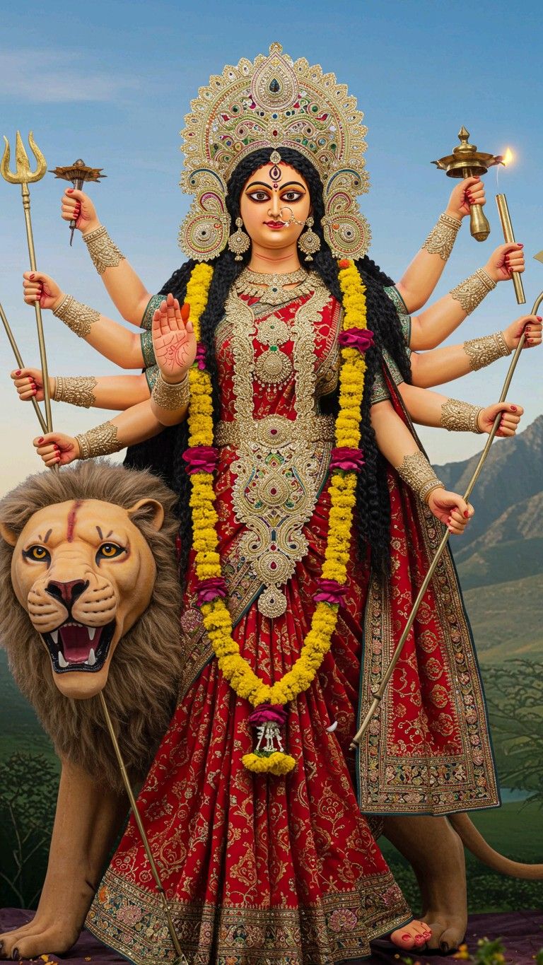 Durga Maa with lion and weapons