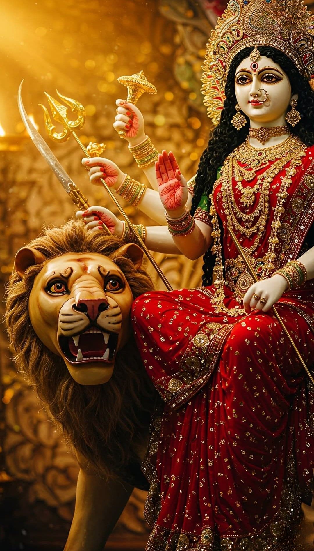 Ambe Maa rides a powerful lion.