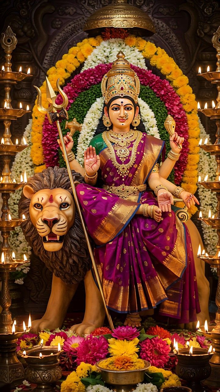 Ambe Maa seated on a lion throne