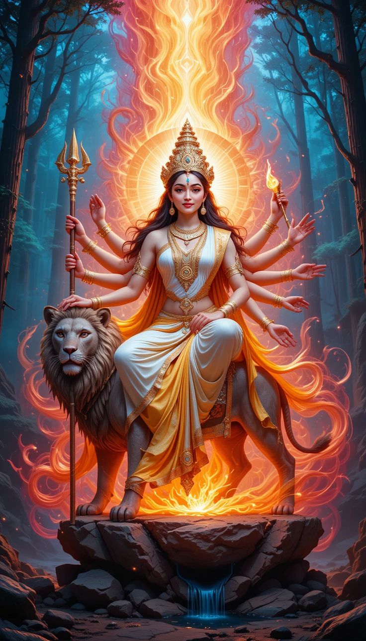 Durga Maa seated on a lion throne