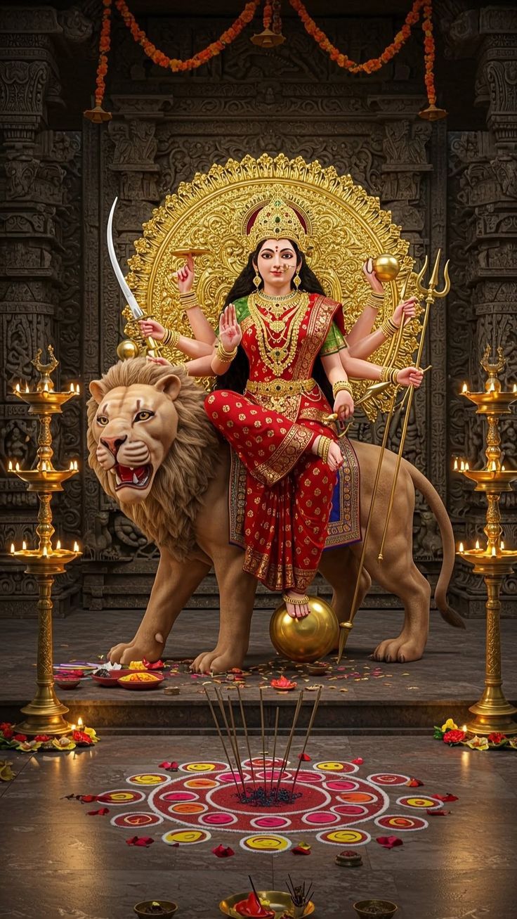 Durga Maa on a majestic lion throne.