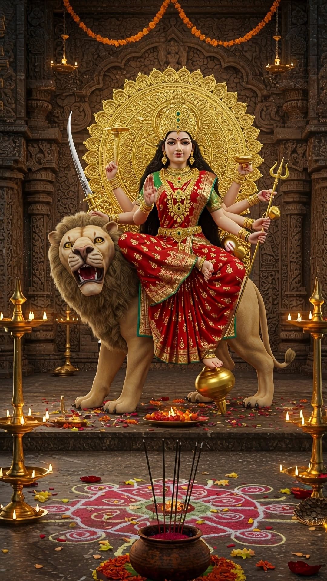Ambe Maa rides a golden lion.