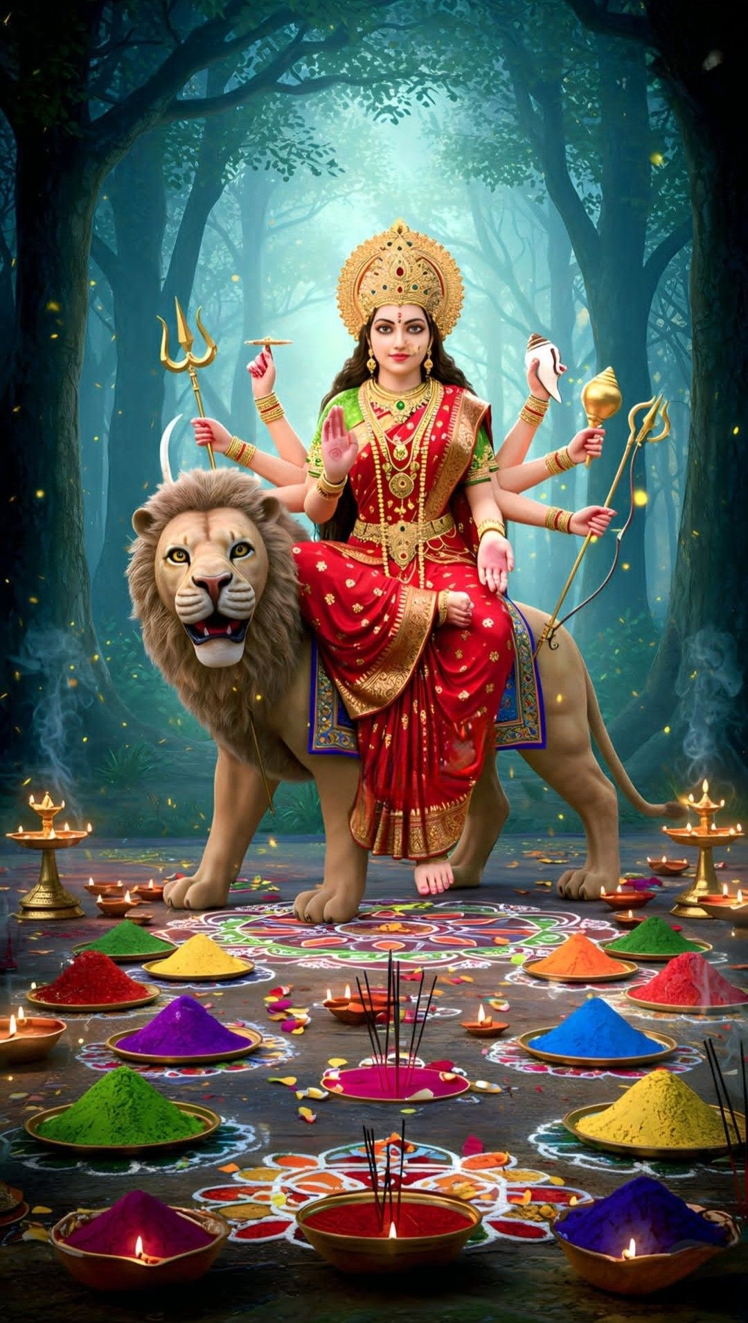 Ambe Maa riding a lion in forest