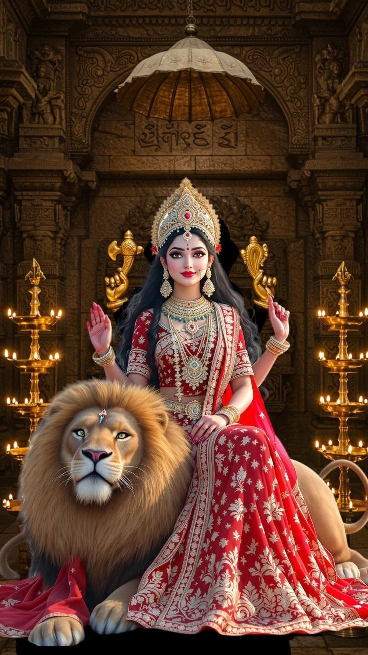 Ambe Maa seated on a lion throne.