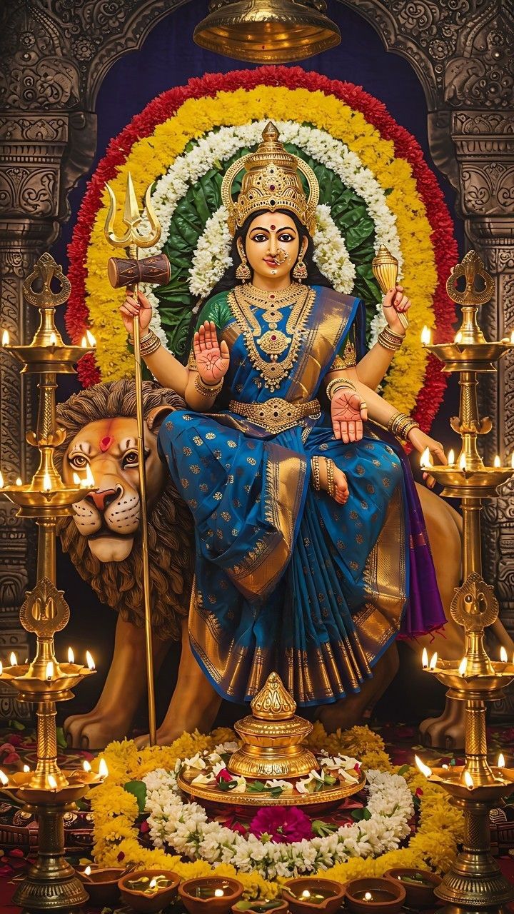 Ambe Maa seated on a lion throne