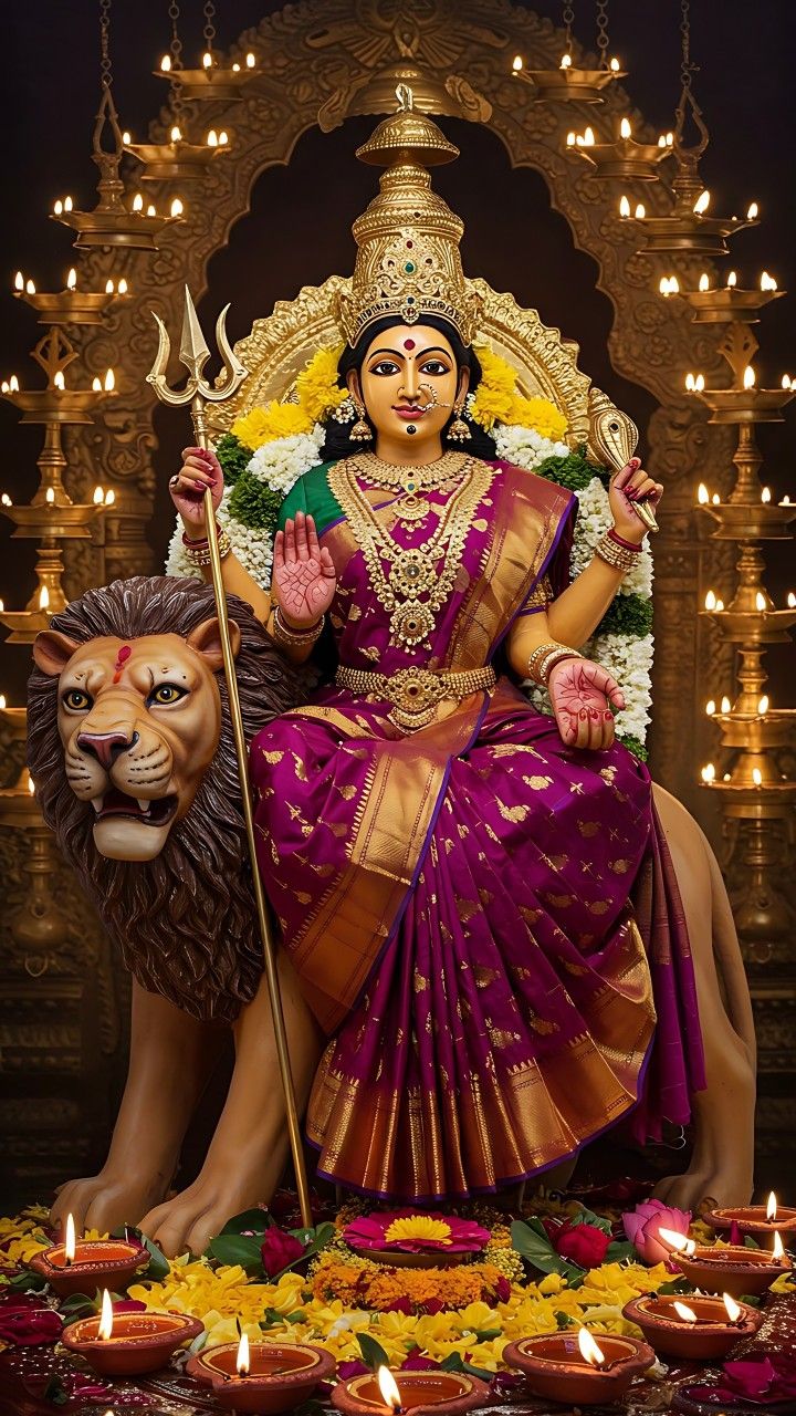 Ambe Maa seated on lion, golden background