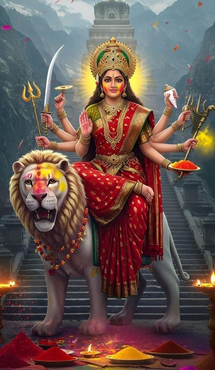 Ambe Maa seated on a lion.