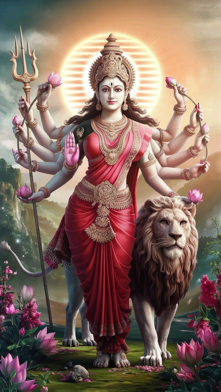 Ambe maa with lion and lotus flowers
