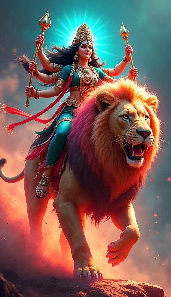 Ambe Maa riding a majestic lion