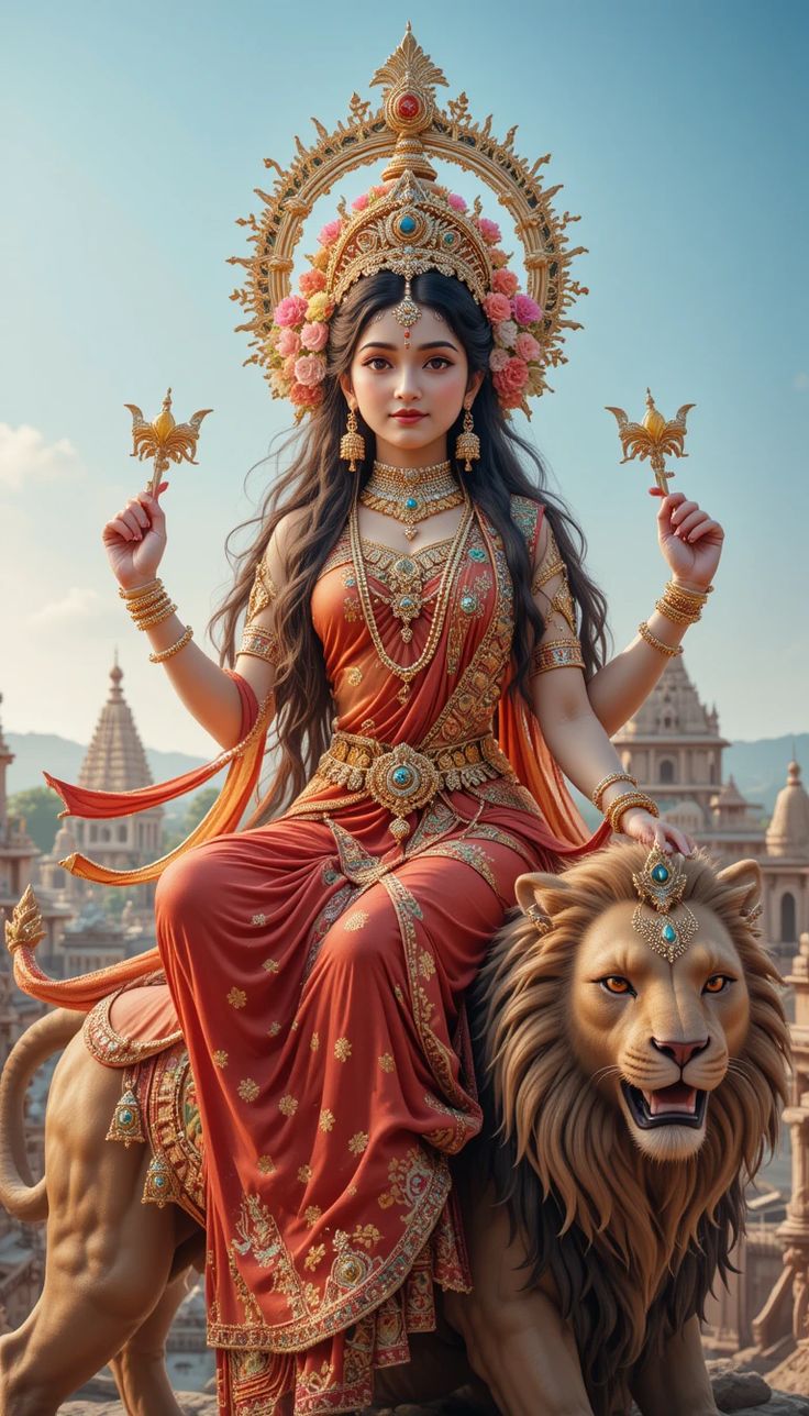 Ambe Maa on a majestic lion throne.