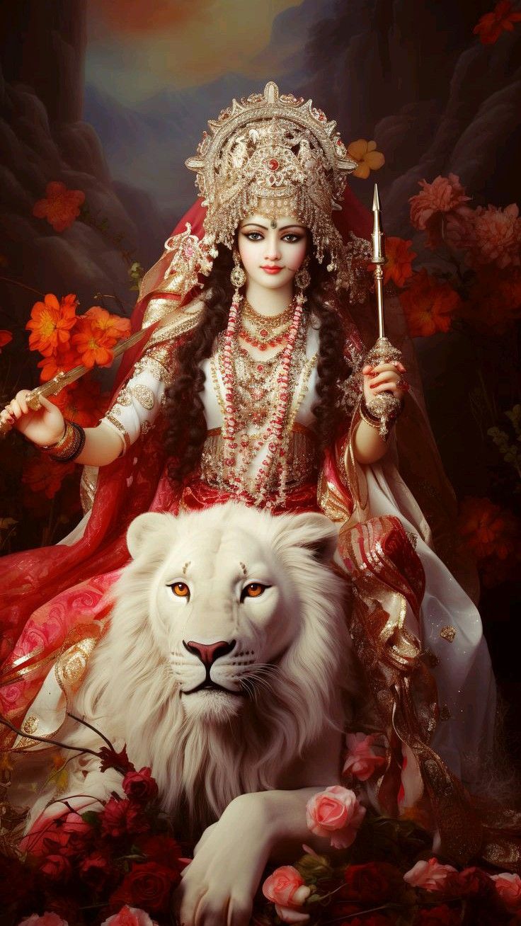 Durga Maa seated on a white lion