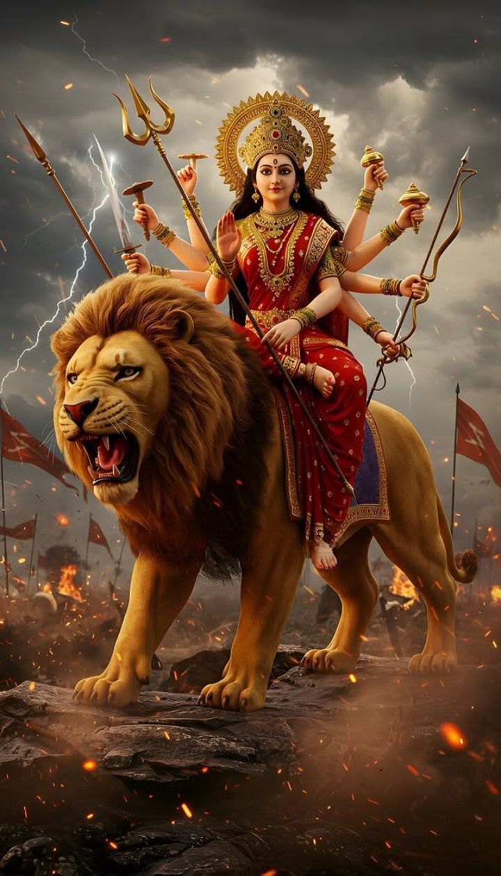 Devi Durga riding a lion, divine warrior