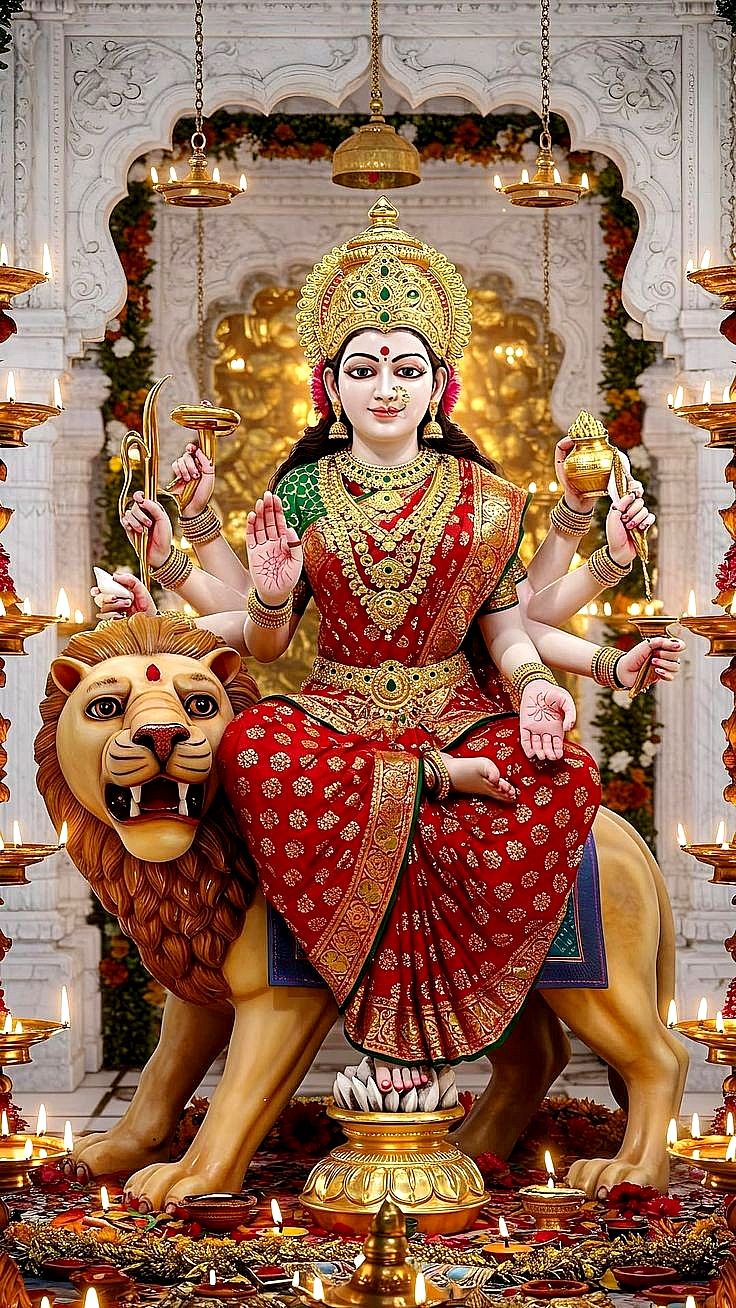 Ambe Maa riding a majestic lion.