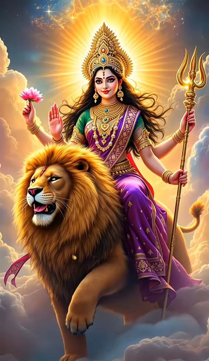 Ambe Maa rides her lion, divine protection