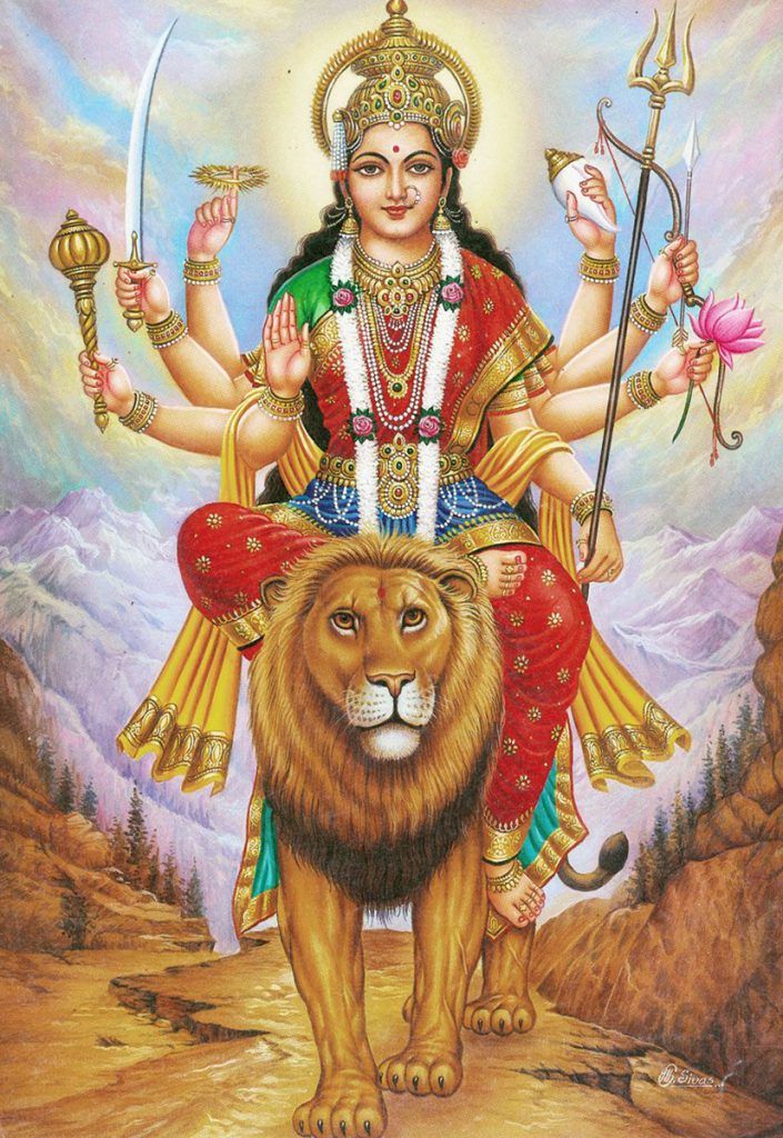 Ambe Maa riding a lion, divine protection.
