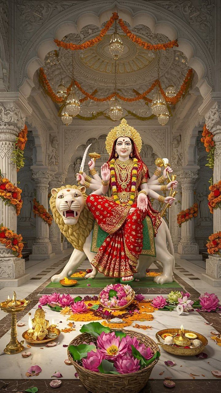 Ambe Maa seated on a lion.