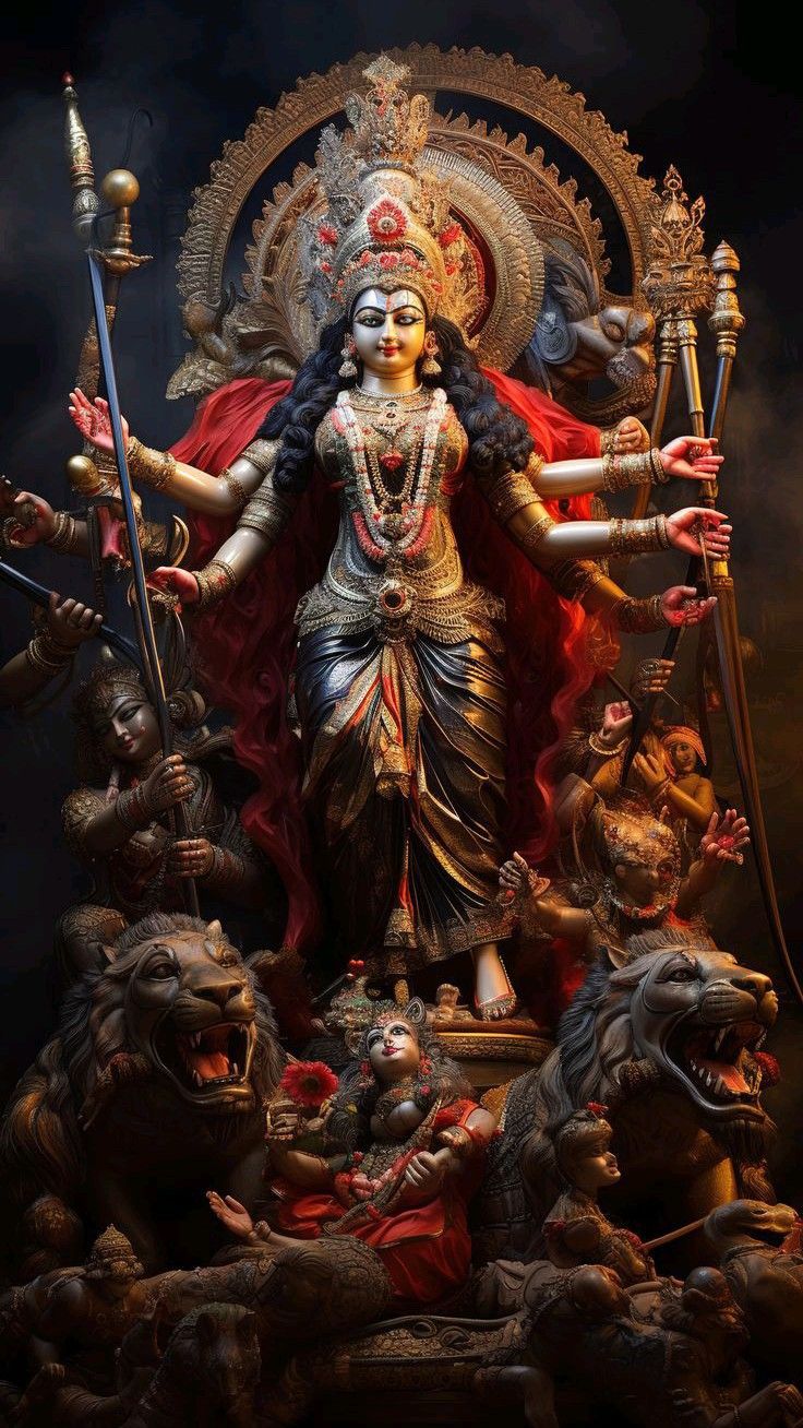 Goddess Durga with lions and weapons