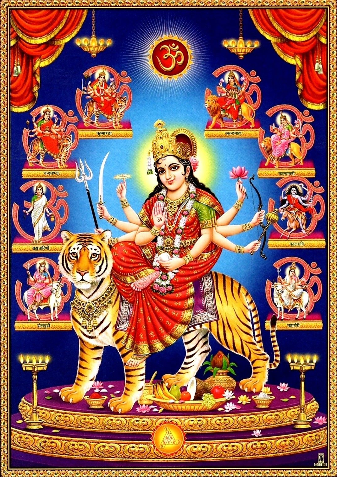 Ambe Maa riding a tiger with Navadurga