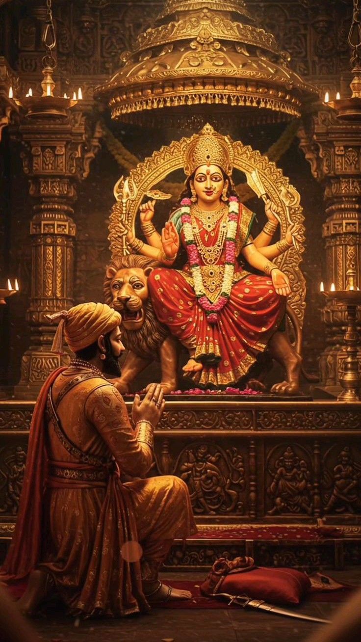 Ambe Maa seated on a lion throne.