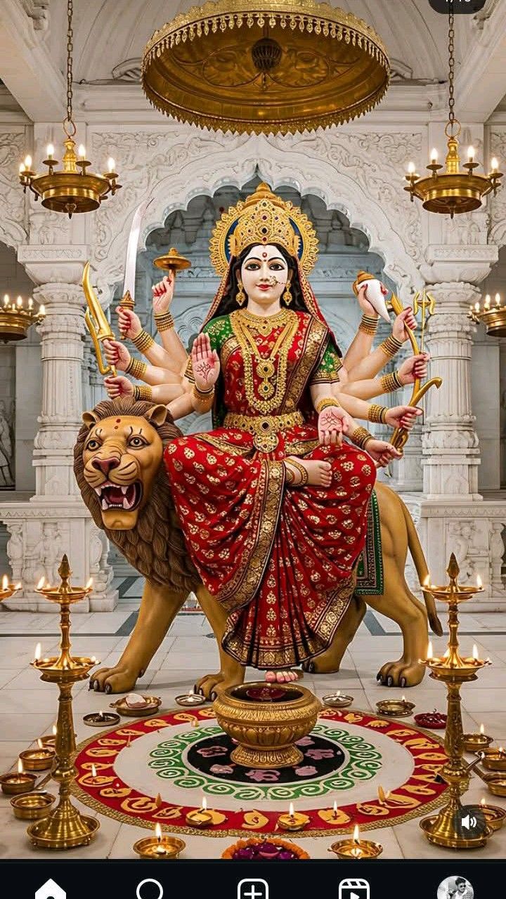 Ambe Maa seated on a lion.