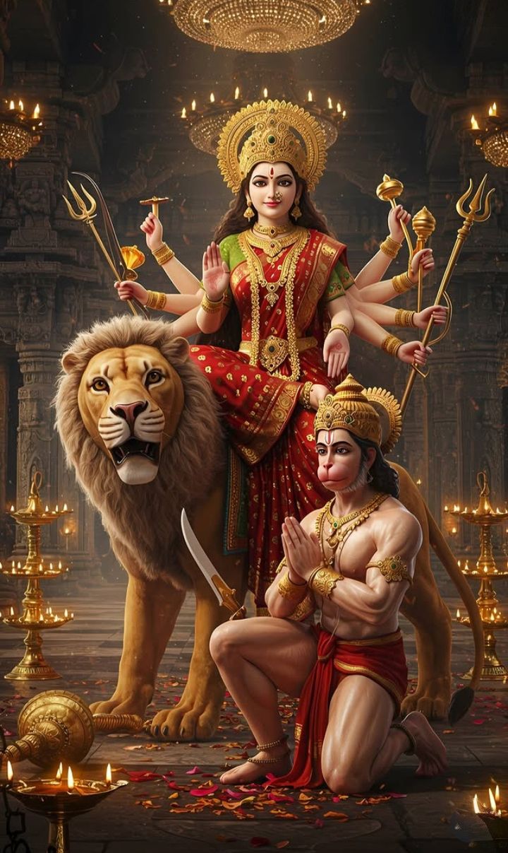Durga Maa with Hanuman and Lion