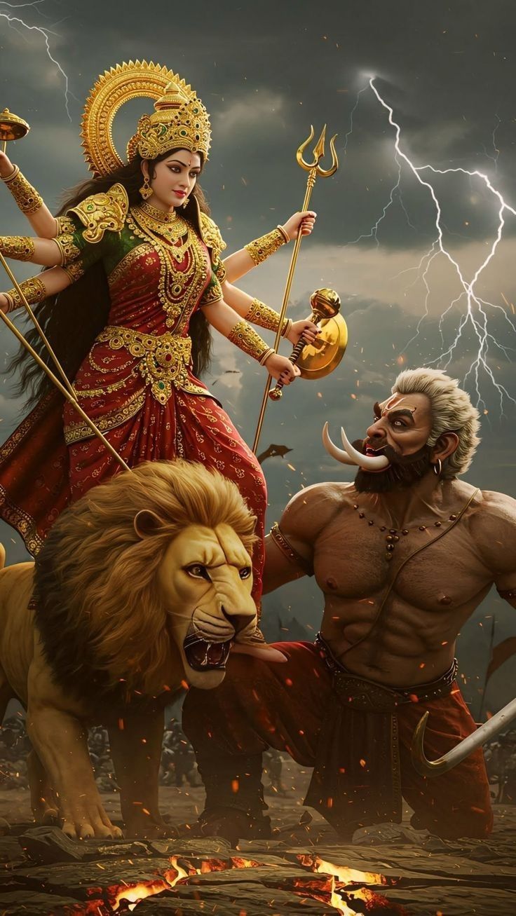 Ambe Maa riding a lion in battle