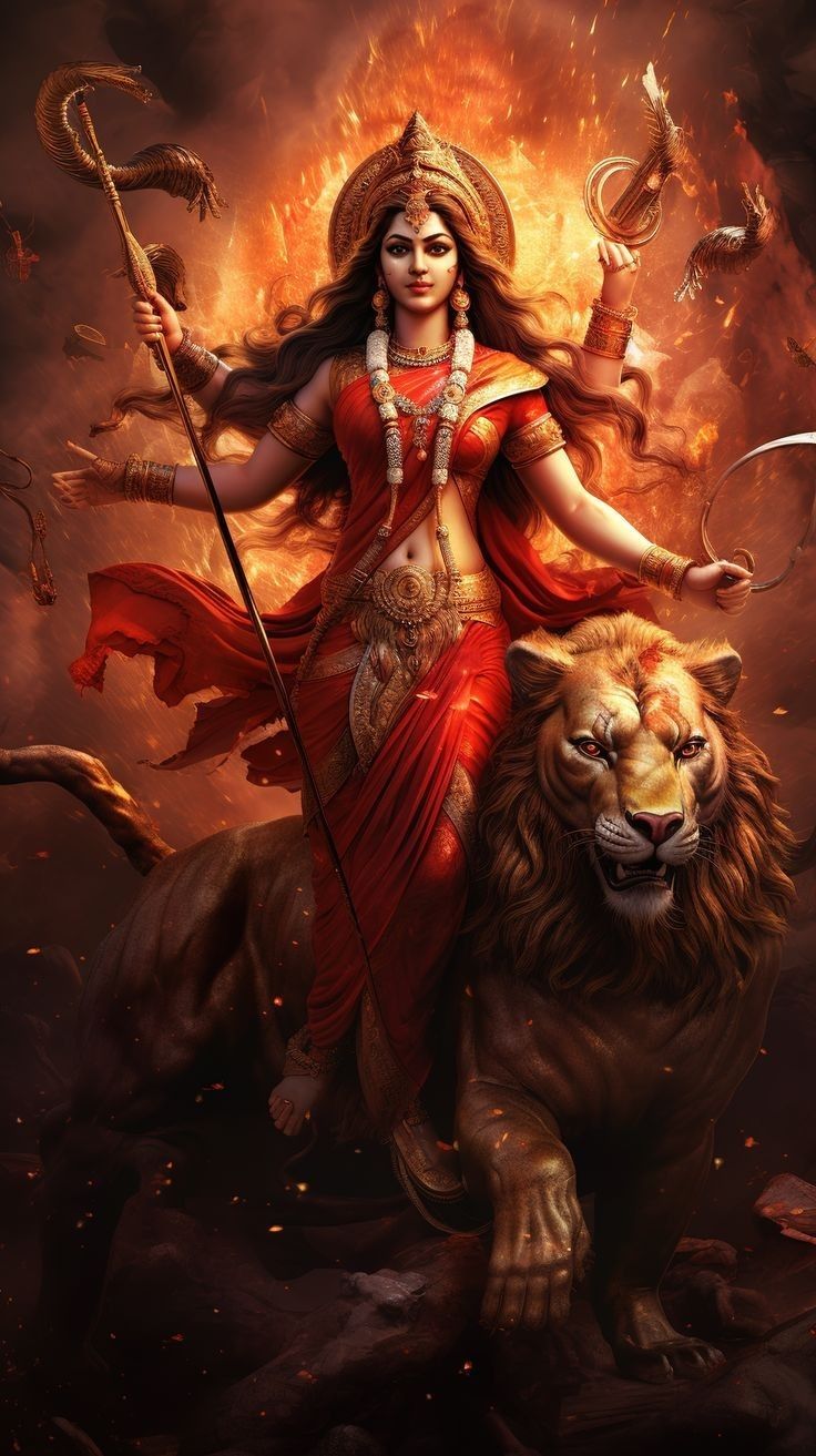 Ambe Maa on lion, divine protection.