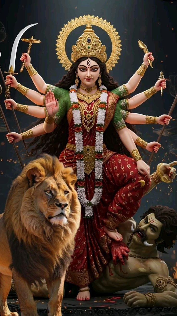 Ambe Maa standing with a lion.