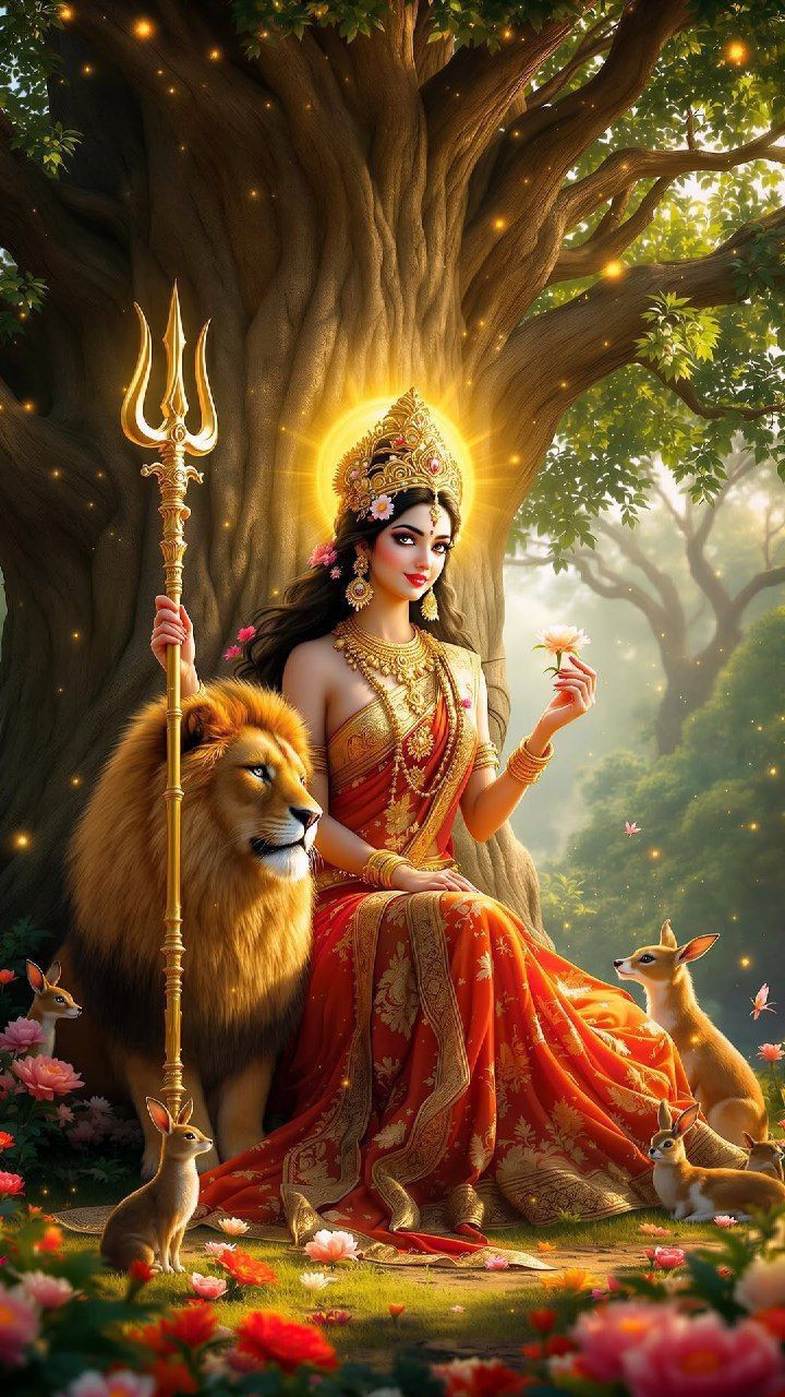 Ambe Maa seated with lion in forest