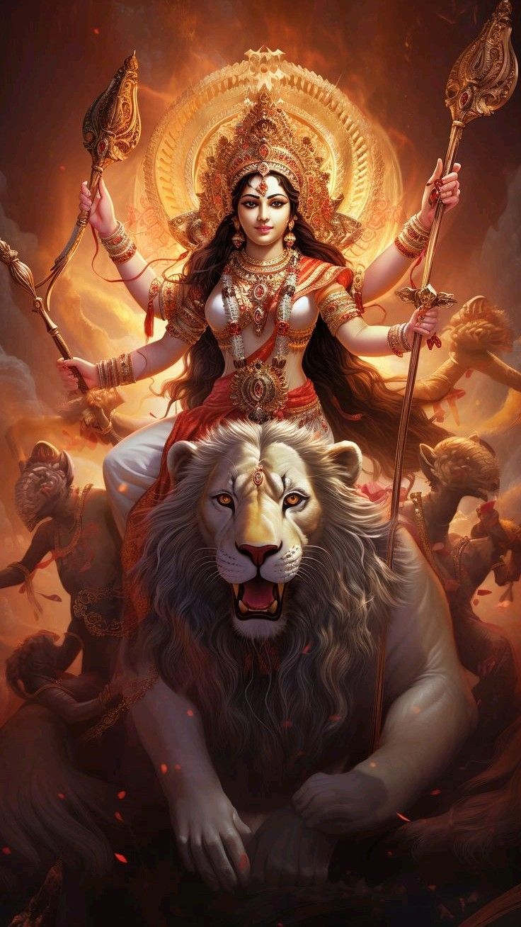 Ambe Maa riding a majestic lion