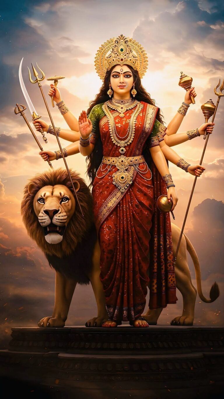 Powerful Ambe Maa with lion and trident.