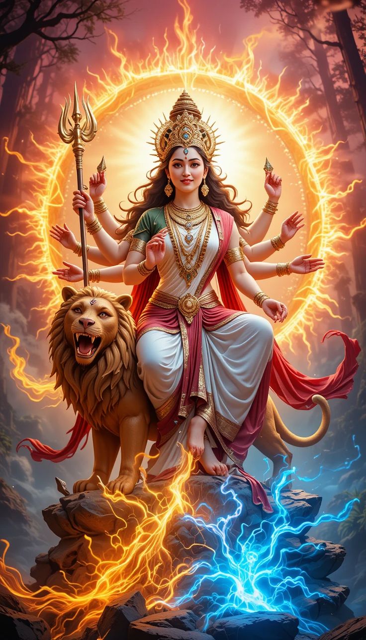 Maa Durga riding a lion with trident