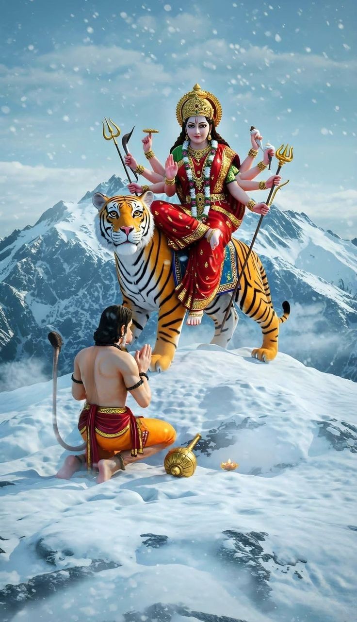 Ambe Maa riding a tiger in snow.
