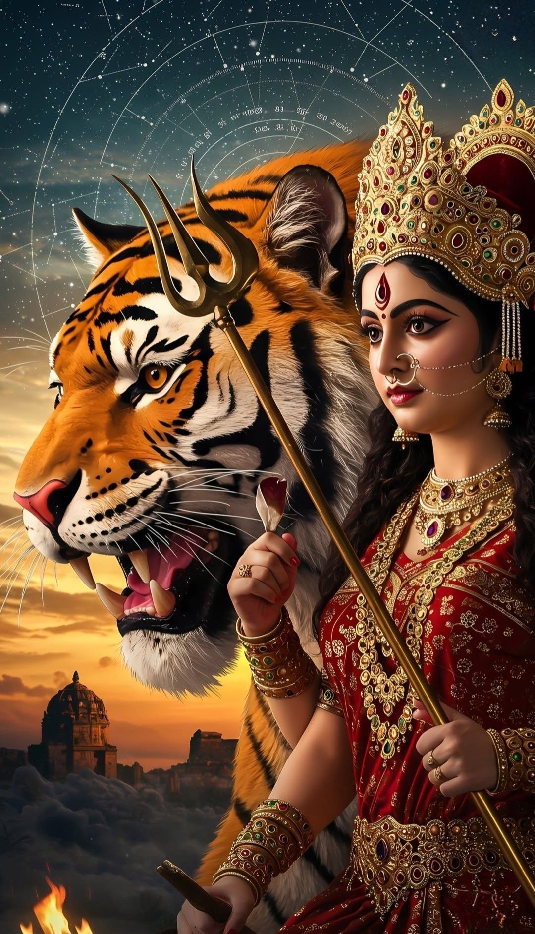 Ambe maa rides a tiger, divine power.