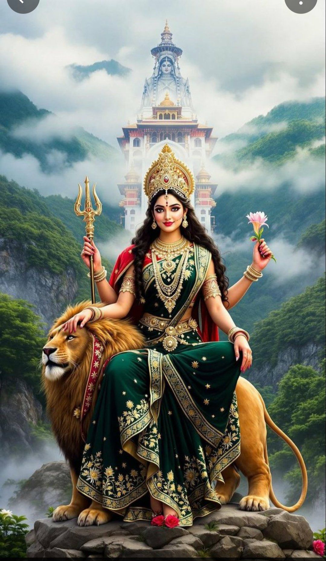 Ambe Maa riding a lion, mountain backdrop