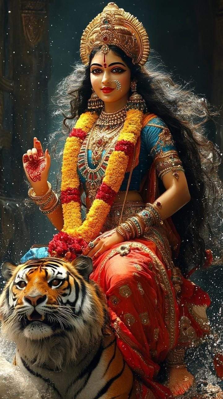 Ambe Maa riding a tiger, divine wallpaper