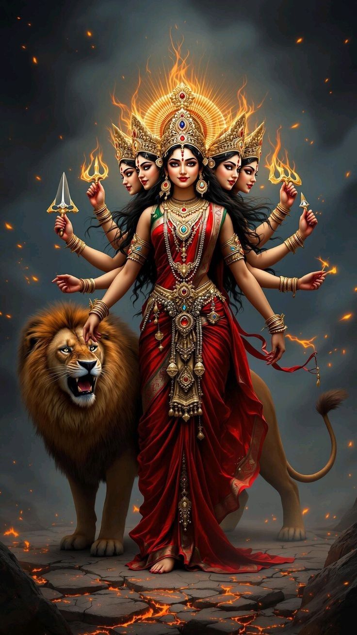 Goddess Ambe Maa with lion and trident.