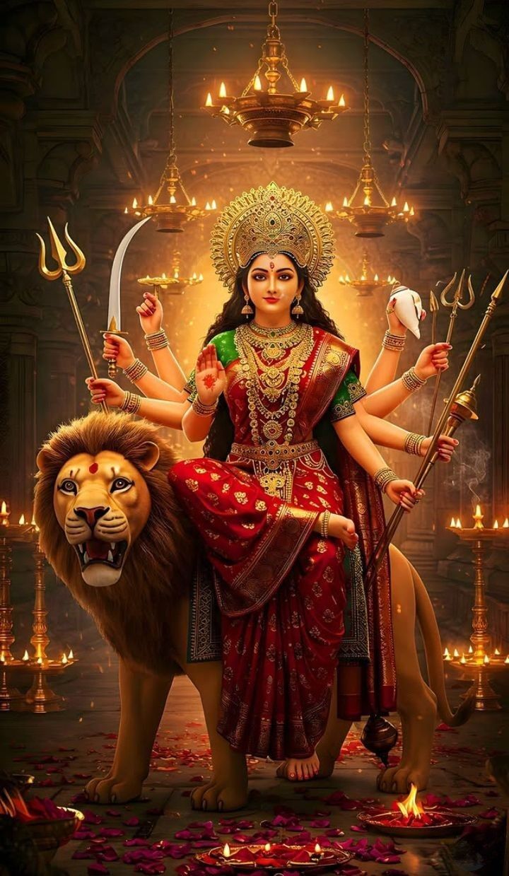 Ambe Maa riding a lion, divine goddess
