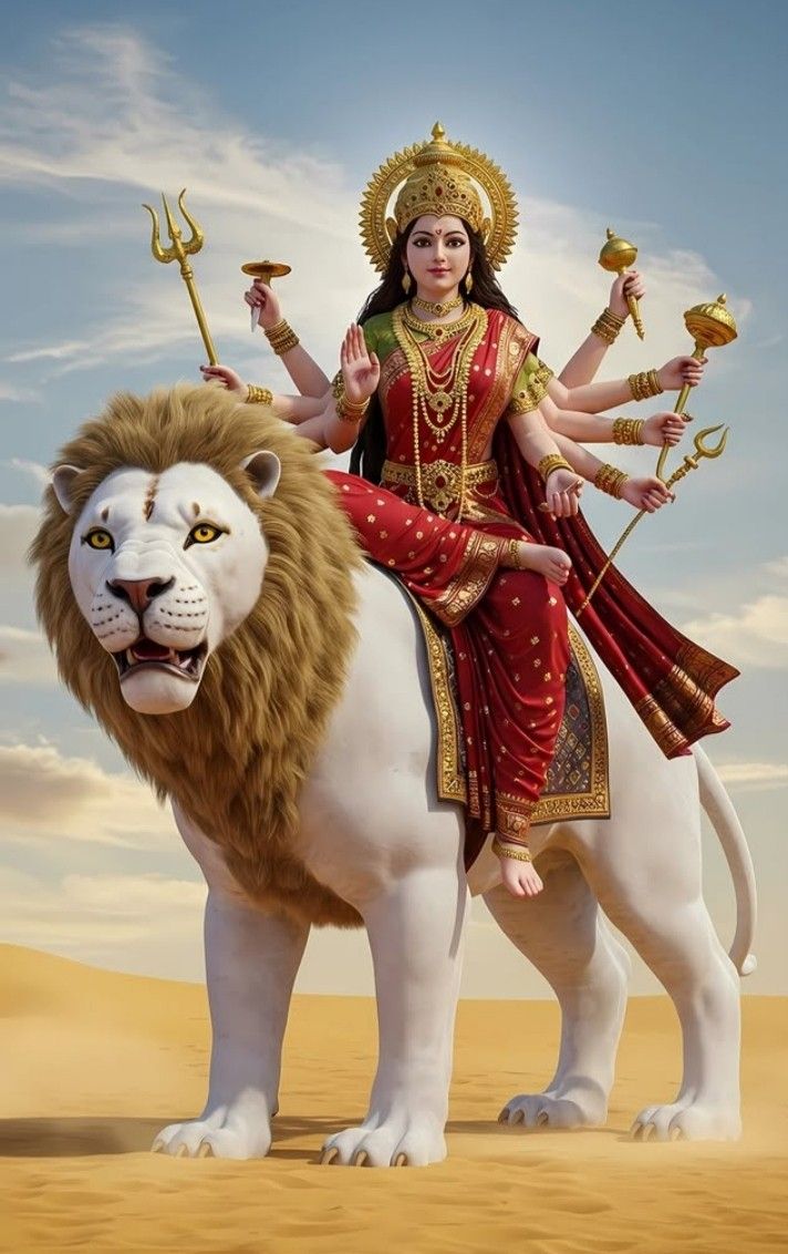 Ambe Maa riding a white lion.