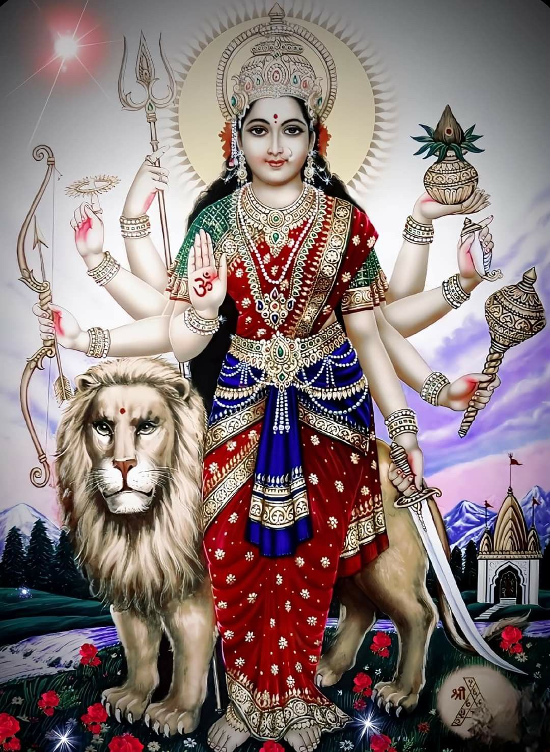 Ambe Maa with lion and divine weapons