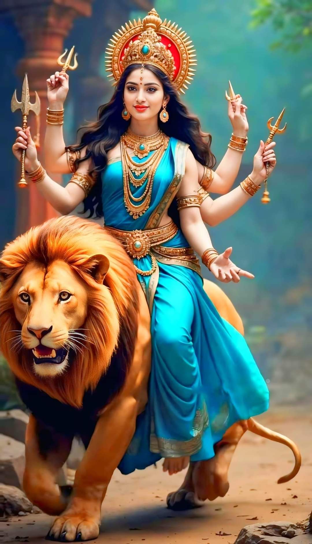 Ambe Maa riding a majestic lion