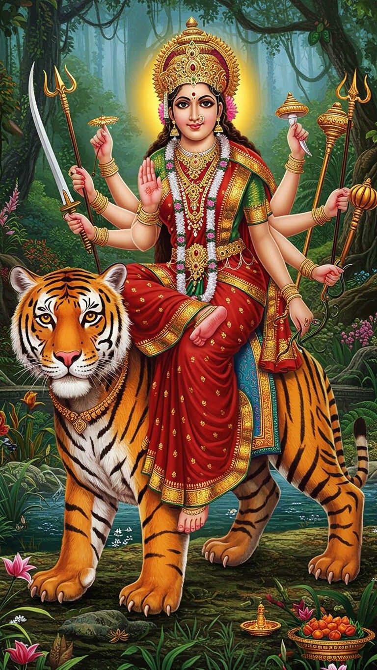 Ambe Maa riding a tiger, divine protection